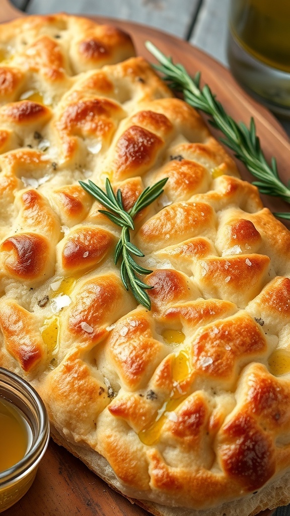 Golden brown focaccia bread with dimples, topped with olive oil and rosemary on a wooden board.